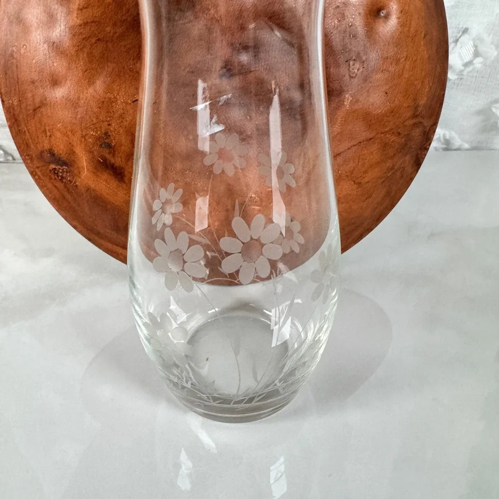 Pasabahce Small Vintage Floral Etched Clear Glass Vase Daisy Made in Turkey‎